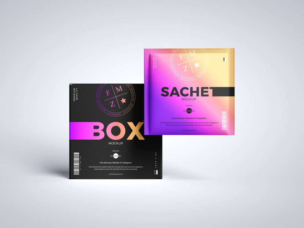 Free Floating Sachet Box Packaging Mockup Design Mockup