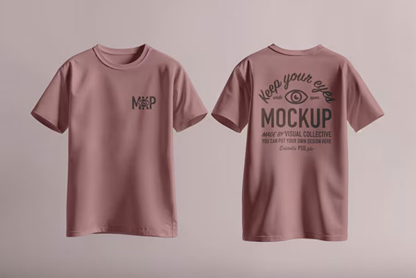 Front and back views of a blank t-shirt mockup for apparel design.