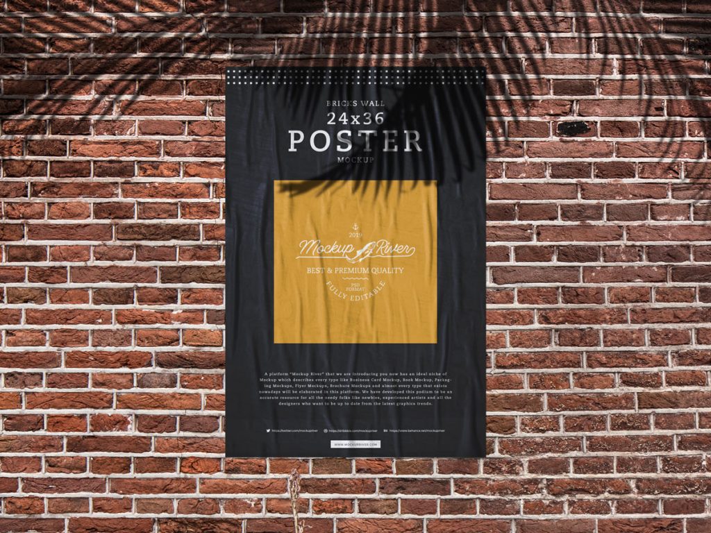 Download Free Glued Paper on Bricks Wall Poster Mockup Design ...