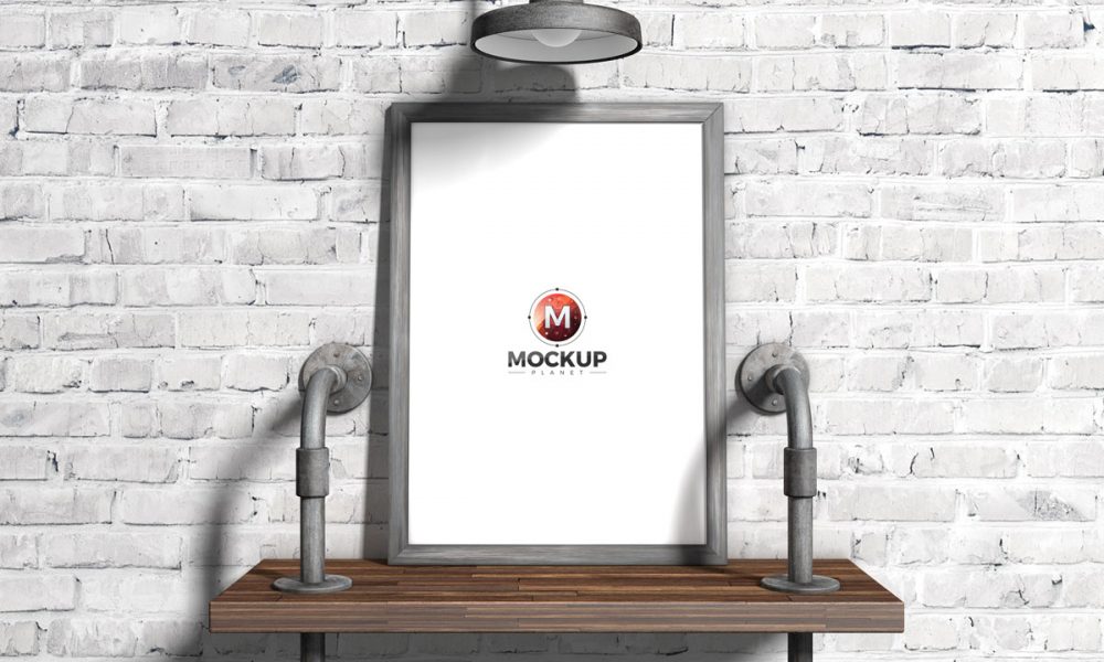 Free Bricks Wall Wooden Frame Poster Mockup Design - Mockup Planet