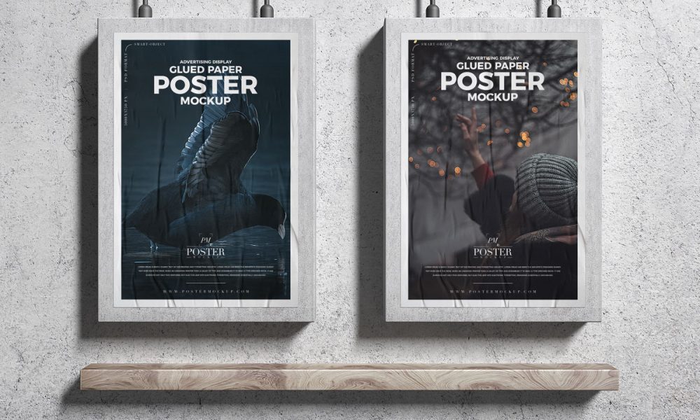 Free Two Concrete Framed Glued Paper Poster Mockup Design - Mockup Planet